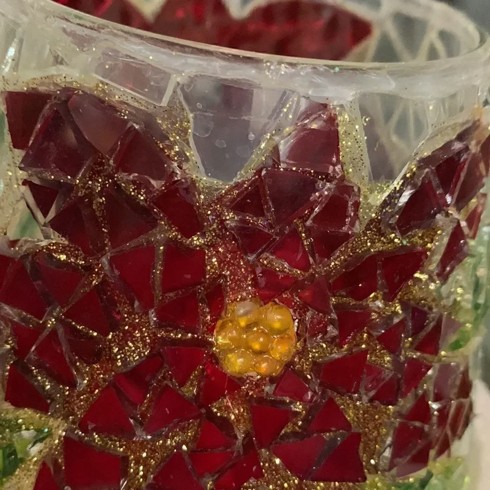Home Interiors USA Poinsettia Red Gold Green Frosted Candle Shade 4 Inches Tall